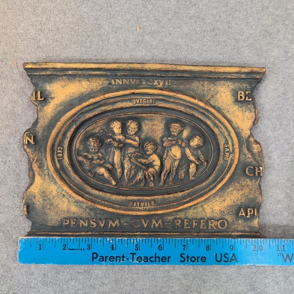 Marko Mfg Inc Neoclassical Cherub Relief Wall Plaque Gold Bronze Latin Text 1074 - Picture 2 of 4